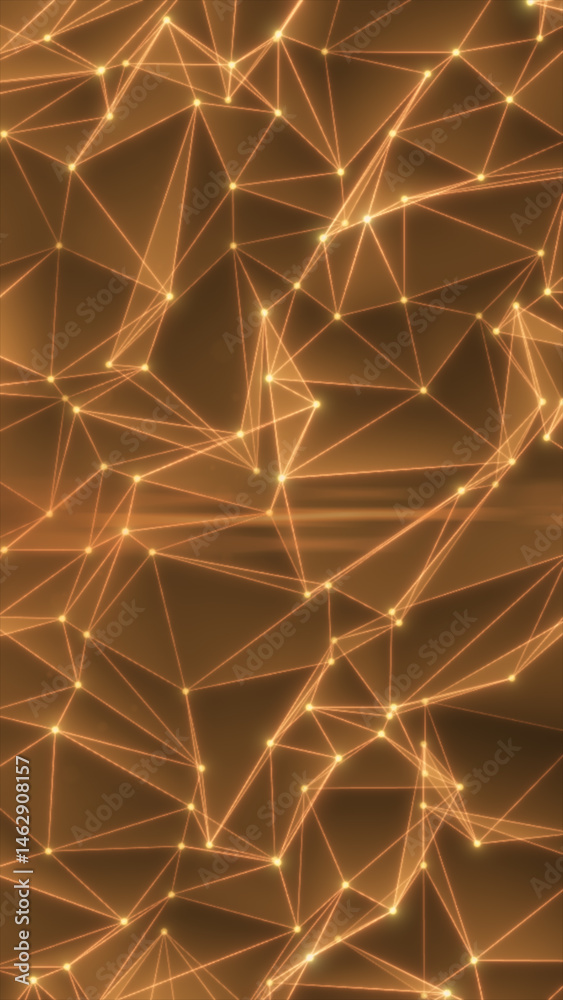 Poster glowing orange wireframe network with connecting nodes forming a digital mesh across a dark backdrop