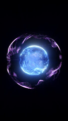 Bright core of glowing blue energy orb encased in a dark void with ethereal purple liquid strands swirling around