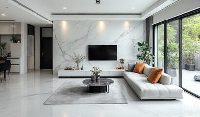 Modern living room, marble wall, city view, relaxing atmosphere, home design