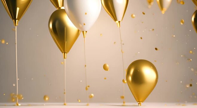 Golden and white balloons white festive background with falling confetti party and birthday celebration banner 4K