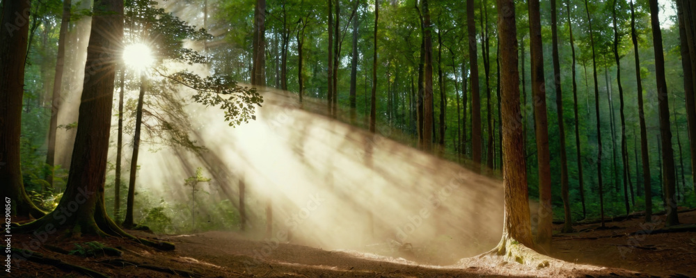 Wall mural trees illuminated by sunlight in a dense forest
