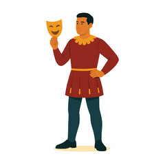 Flat style male theater actor holding comedy mask – vector illustration for stage performance, drama, and performing arts