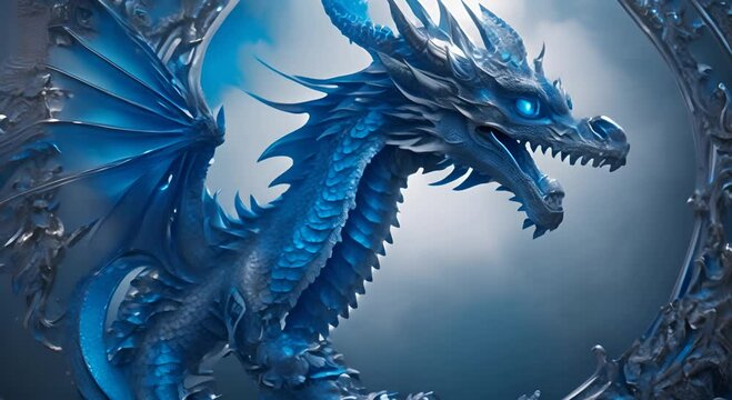 A vibrant blue dragon crafted in intricate detail swims through the shadows radiating energy and a sense of power 4K