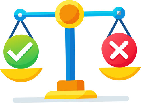 The image is a colorful illustration of a balance scale with a green checkmark on one side and a red X mark on the other, suggesting a comparison of right and wrong or pros and cons.