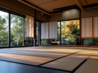 Fototapeta premium Sunlit serenity, Traditional japanese interior with calming outdoor vista