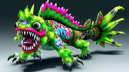Festive green mythical creature, vibrant design, parade float, celebratory background, ideal for event posters