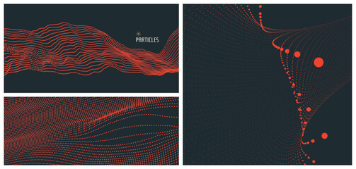Wave with connected dots. Abstract digital background with particles. 3D grid surface in technology style. Cover design template. Big data. Vector for brochure, poster, presentation, flyer or banner. © Login