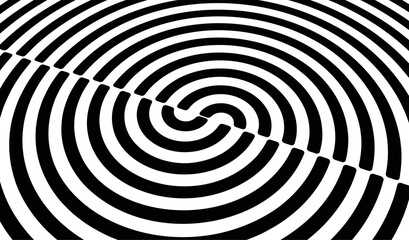 Circular black and white pattern cut in half and offset. Abstract striped background. Cover design template. Vector illustration for brochure, poster, presentation, flyer or banner.