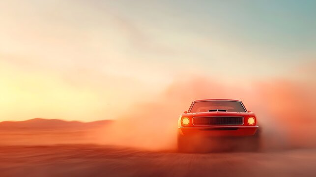 Fototapeta Red Vintage Muscle Car Creating Dust Cloud at Sunset in Desert