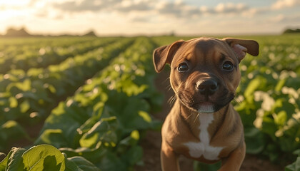 Adorable Brown and White Pit Bull Puppy in a Green Field at Sunset