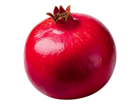 A vibrant, glossy pomegranate isolated on a white background.  Perfect for food blogs, recipe websites, or healthy eating campaigns.  High-resolution image ideal for print and digital use.