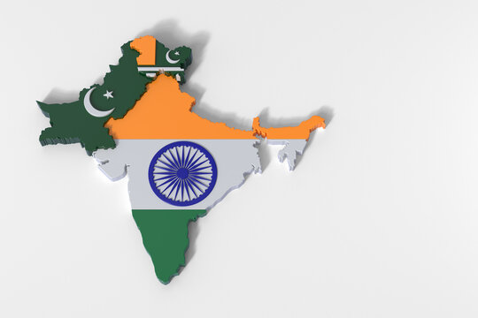 India and Pakistan map showing national flags on a white background