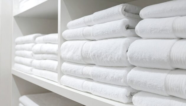 Neat stacks of clean white towels on shelves offer a sense of freshness, order, and simple luxury. Ideal for spa, bathroom, hospitality, or organization themes.