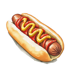 Vibrant watercolor illustration of a hotdog with ketchup and mustard, themed for the 4th of July, isolated on a white background