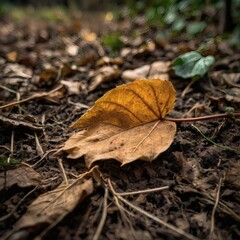 Close-Up of Brown Autumn Leaf Resting on Soil Outdoors
