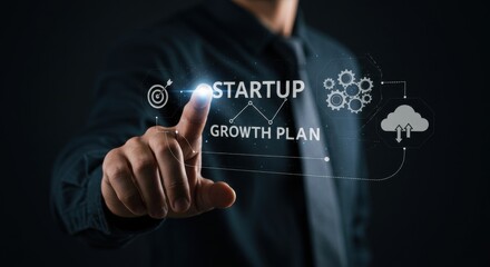 Startup growth plan concept touchscreen interface with businessman pointing at virtual dashboard featuring target icon cloud computing gear chart success strategy visualization