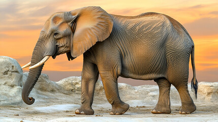 African Elephant at Sunset in a Desert Landscape