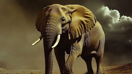 African Elephant in a Dusty Stormy Savanna