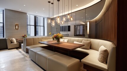 Fototapeta premium Luxury dining space with leather banquettes and recessed table 