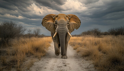African Elephant on a Sandy Path Under Dramatic Sky
