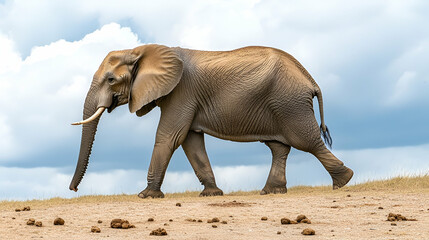 African Elephant Walking Across Savanna Under Cloudy Sky