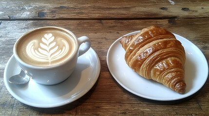 Aromatic Latte Art Coffee and Buttery Croissant on Rustic Wooden Table