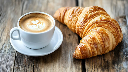 Aromatic Coffee and Buttery Croissant on Rustic Wooden Table