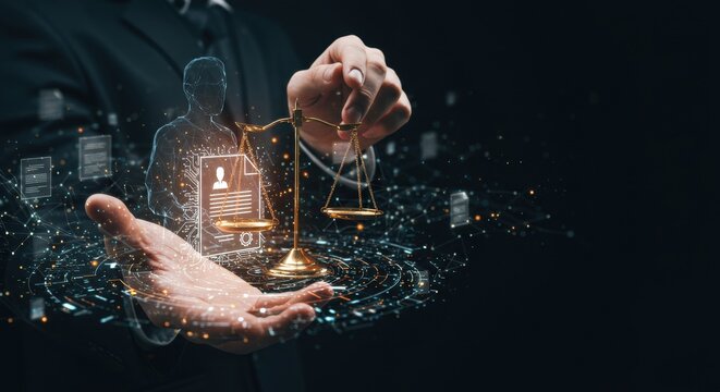 Justice technology balance scale digital identity and cybersecurity compliance in modern legal system with innovation artificial intelligence, control solution protection governance - Powered by Adobe