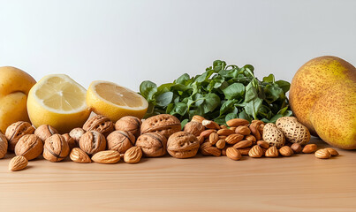 Assortment of Fresh Fruits and Nuts on Wooden Table