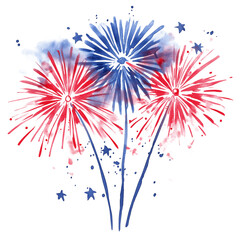 watercolor illustration, 4th of July theme sparkle or fireworks display in red blue color, isolated on white background