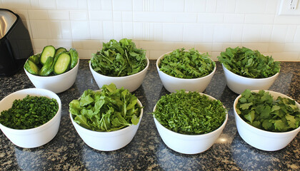 Assortment of Fresh Green Herbs and Vegetables in White Bowls