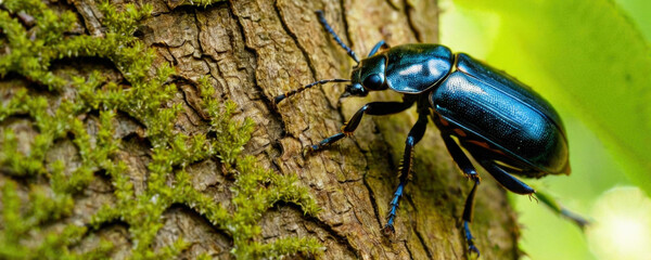 A close-up shot of a beetle sitting on a tree trunk, showing its details