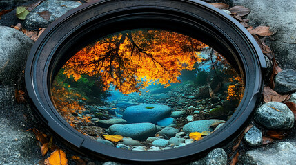 Autumn Reflection in a Circular Stone Frame