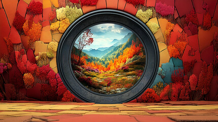 Autumnal Mountain Landscape Framed in Red and Orange Leaves