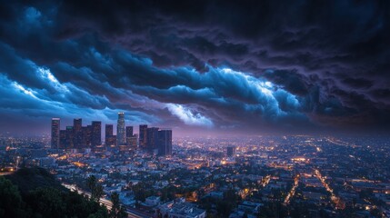 Metropolitan nightscape beneath dramatic skies, City anticipation looms