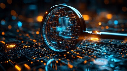 Magnifying glass over intricate circuit board, glowing with blue and orange light.  Detailed digital technology
