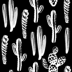 Seamless pattern. Cactus and Succulent flowers on a black background. Desert and tropical thorny houseplants. 
