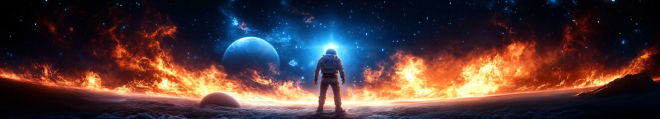 Fototapeta premium Impressive astral spectacle, with planetary spheres reflecting vibrant lights against a backdrop of nebulas.