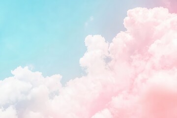Naklejka premium Pastel sky with fluffy clouds. Soft, dreamy colors of pink and blue blend together, creating a beautiful atmosphere of a light, airy feel