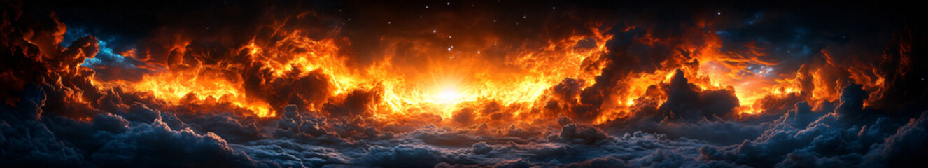 Galactic horizon where cosmic lights converge, revealing a view of distant planets and ethereal clouds.