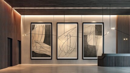 Luxury foyer with oversized art and linear lighting (mockup) 
