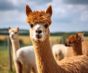 Fototapeta premium Cute alpaca on a ranch on a summer day. Domestic alpacas graze in a pasture