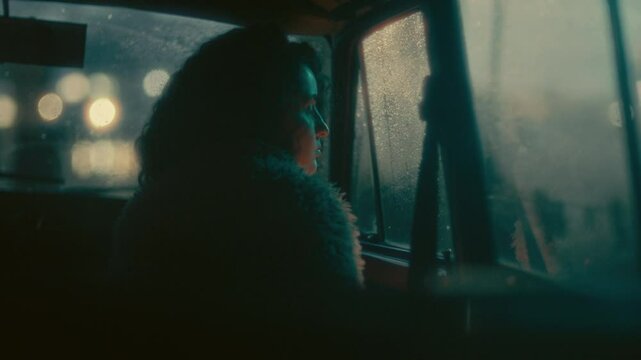 Young pensive woman with curly hair sitting in backseat of car in evening, looking through fogged window with blurred city lights in background