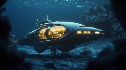 Futuristic underwater research station the ocean floor lights glowing from the windows cinematic oceanic exploration