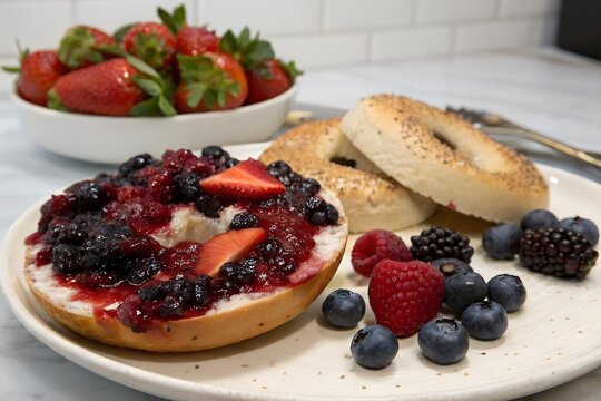 Bagel with mixed berry jam and fresh berries on the side
