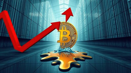 Bitcoin value decline depicted by melting coin and falling graph