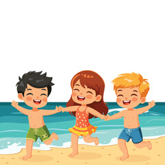 Happy children of different nationalities running holding hands on the beach in bathing suits on white background. Poster, Banner, Flyer, Summer time. Vector illustration in flat cartoon style