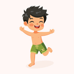 Cute and happy boy running in bathing suits on white background. Poster, Banner, Flyer, Summer time. Vector illustration in flat cartoon style