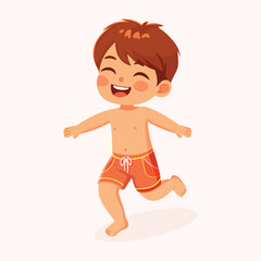 Cute and happy boy running in bathing suits on white background. Poster, Banner, Flyer, Summer time. Vector illustration in flat cartoon style