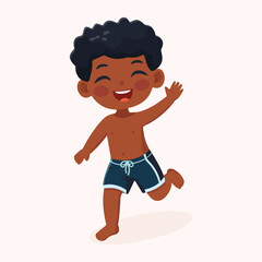 Cute and happy boy running in bathing suits on white background. Poster, Banner, Flyer, Summer time. Vector illustration in flat cartoon style
